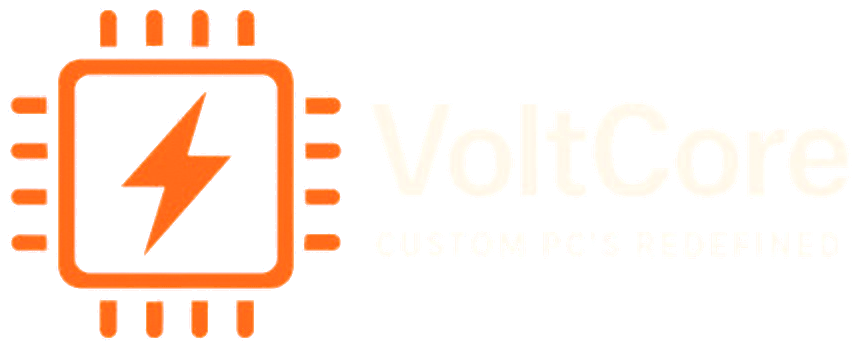 Logo van VoltCore: een oranje chip met een bliksemschicht, met de tekst custom pc's redefined